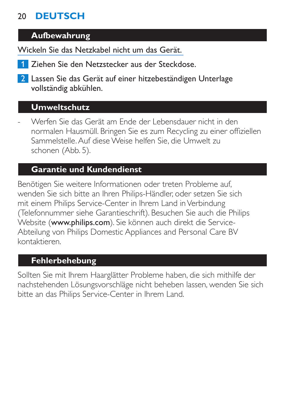 Aufbewahrung, Umweltschutz, Garantie und kundendienst | Fehlerbehebung | Philips SalonStraight Initial Plancha para el pelo User Manual | Page 20 / 80