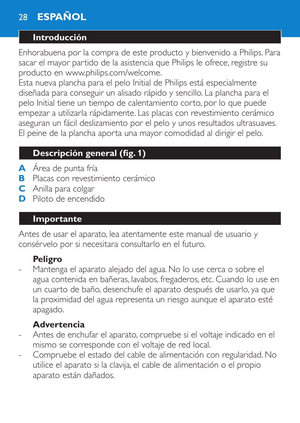 Peligro, Advertencia, Español | Introducción, Descripción general (fig. 1), Importante | Philips SalonStraight Initial Plancha para el pelo User Manual | Page 28 / 80