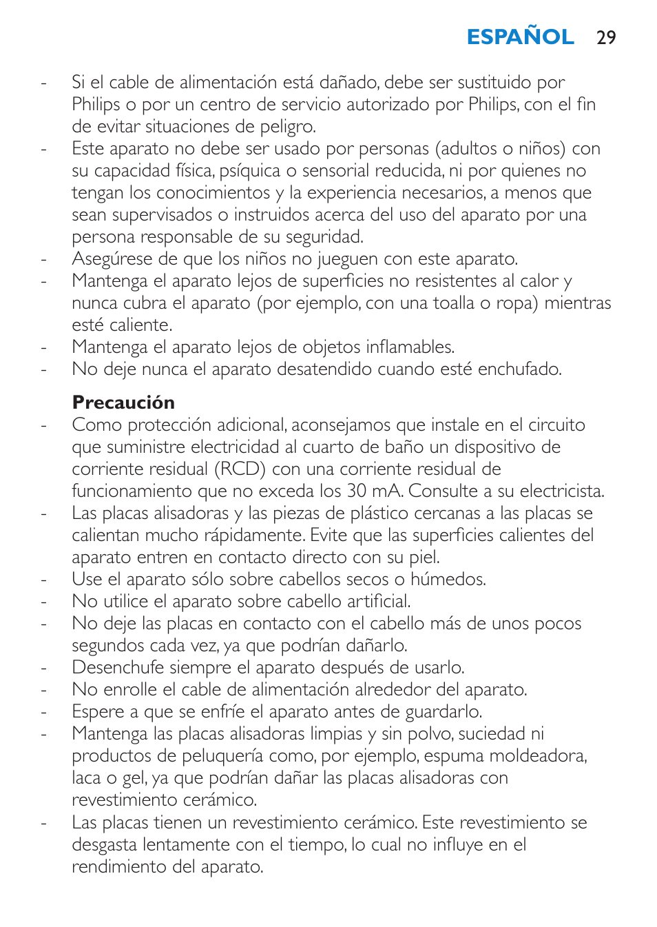 Precaución | Philips SalonStraight Initial Plancha para el pelo User Manual | Page 29 / 80