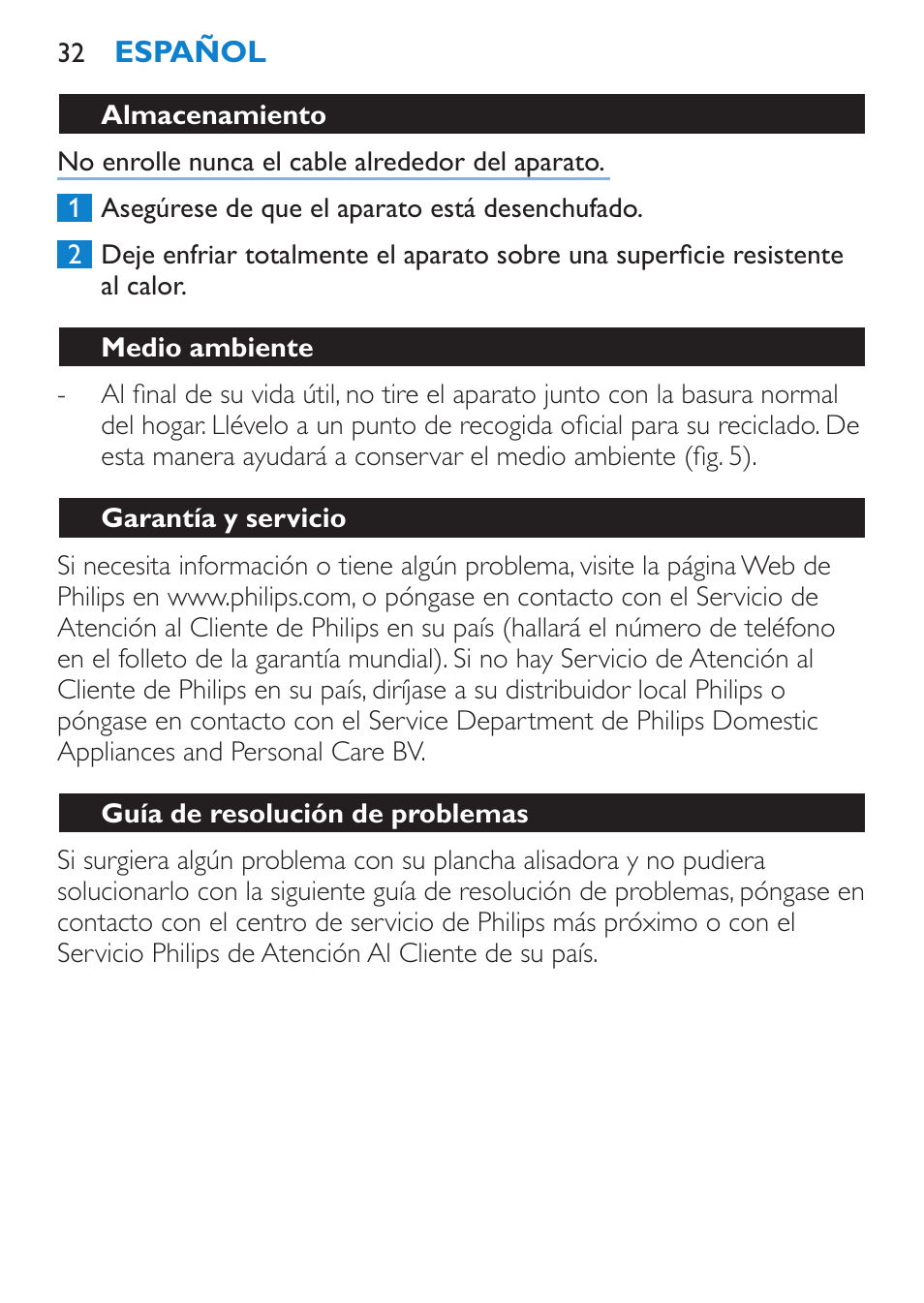 Medio ambiente, Garantía y servicio, Guía de resolución de problemas | Philips SalonStraight Initial Plancha para el pelo User Manual | Page 32 / 80