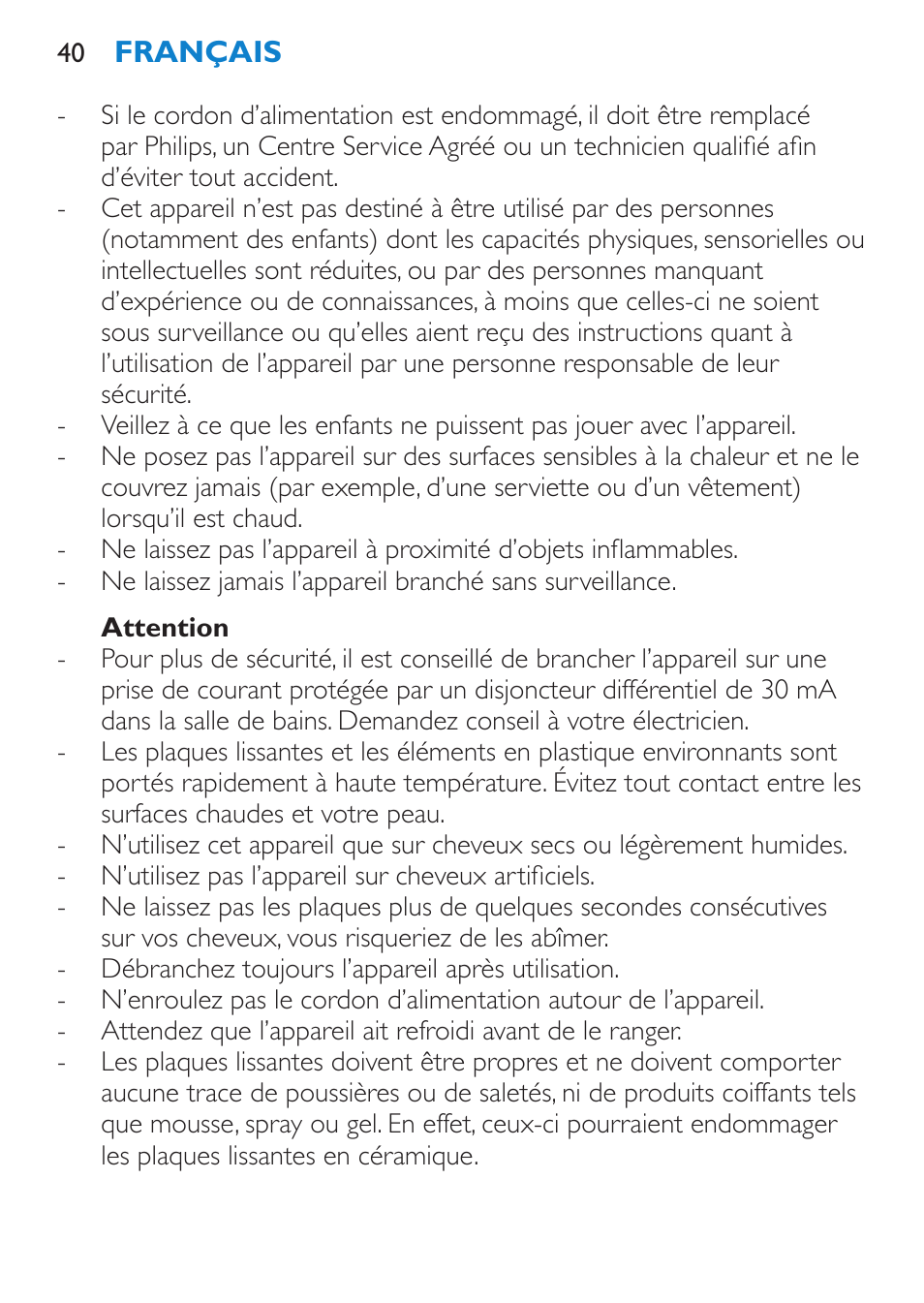 Attention | Philips SalonStraight Initial Plancha para el pelo User Manual | Page 40 / 80