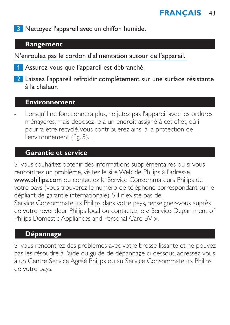 Rangement, Environnement, Garantie et service | Dépannage | Philips SalonStraight Initial Plancha para el pelo User Manual | Page 43 / 80