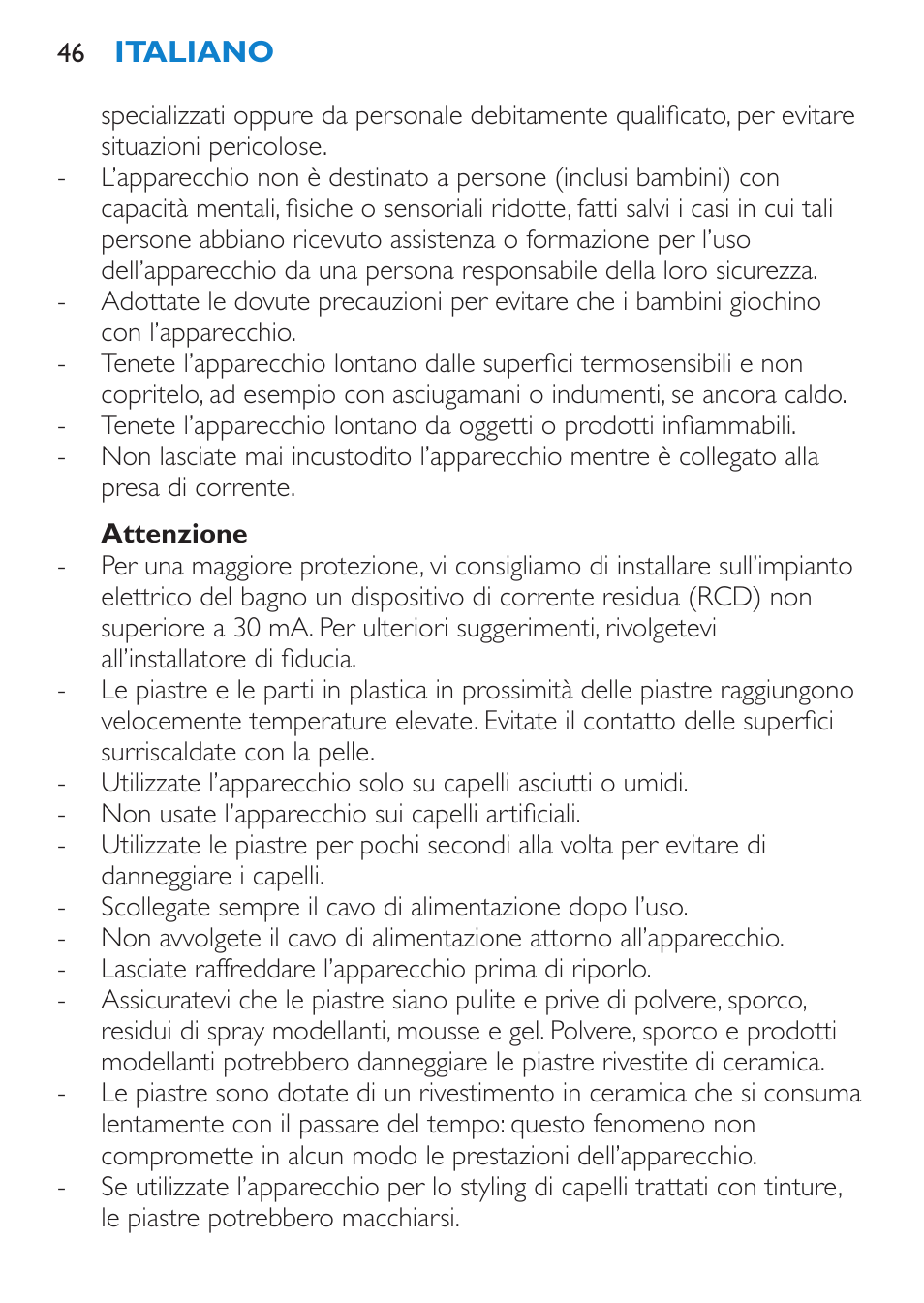 Attenzione | Philips SalonStraight Initial Plancha para el pelo User Manual | Page 46 / 80