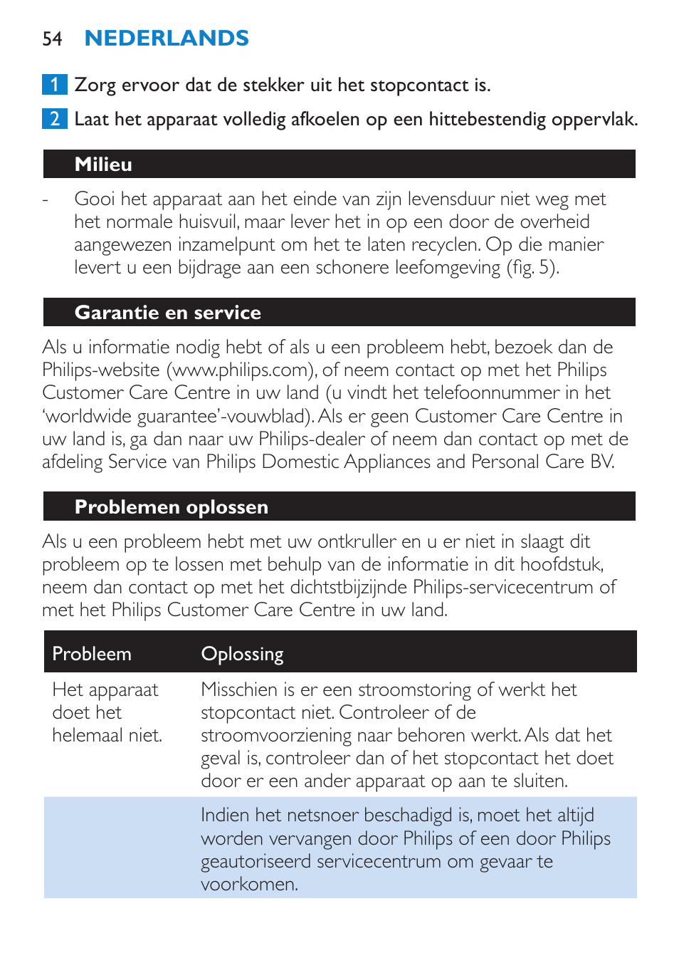 Milieu, Garantie en service, Problemen oplossen | Philips SalonStraight Initial Plancha para el pelo User Manual | Page 54 / 80