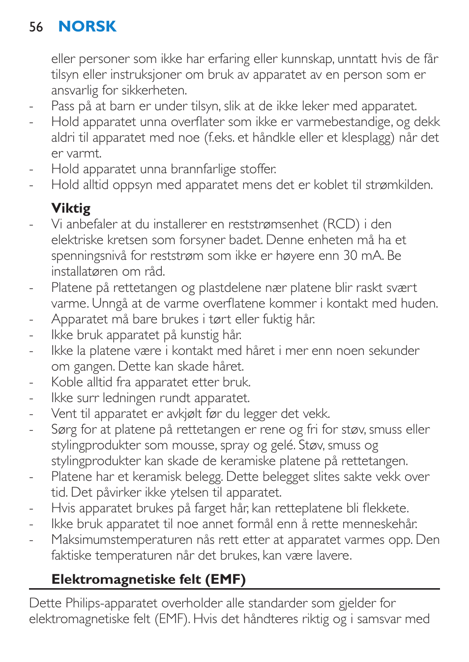 Fare, Advarsel, Norsk | Innledning, Generell beskrivelse (fig. 1), Viktig | Philips SalonStraight Initial Plancha para el pelo User Manual | Page 56 / 80