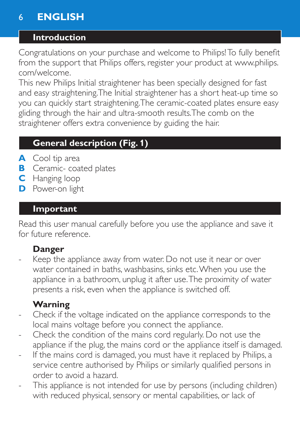 English, Introduction, General description (fig. 1) | Important, Danger, Warning | Philips SalonStraight Initial Plancha para el pelo User Manual | Page 6 / 80