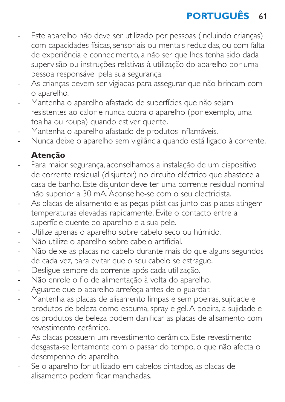 Perigo, Aviso, Português | Introdução, Descrição geral (fig. 1), Importante | Philips SalonStraight Initial Plancha para el pelo User Manual | Page 61 / 80