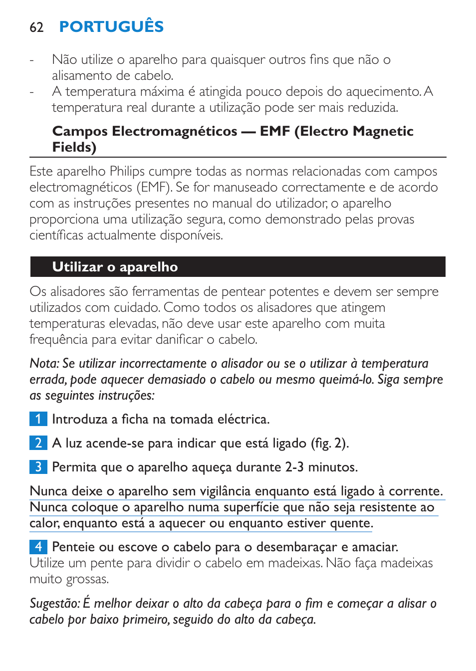 Atenção | Philips SalonStraight Initial Plancha para el pelo User Manual | Page 62 / 80