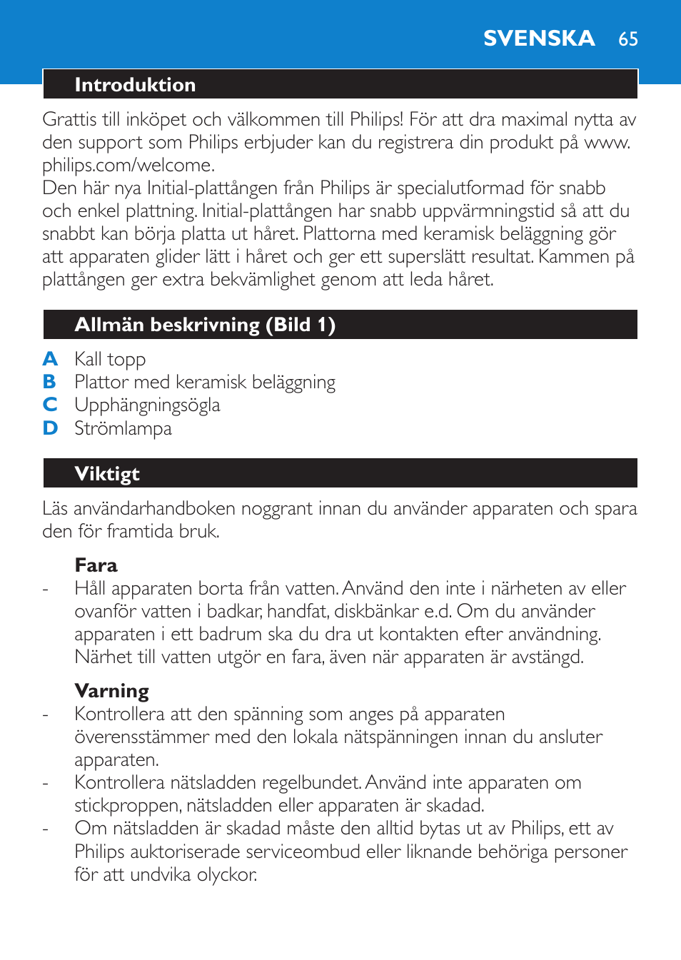 Fara, Varning, Svenska | Introduktion, Allmän beskrivning (bild 1), Viktigt | Philips SalonStraight Initial Plancha para el pelo User Manual | Page 65 / 80