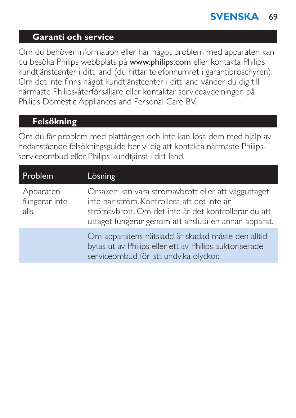 Garanti och service, Felsökning | Philips SalonStraight Initial Plancha para el pelo User Manual | Page 69 / 80