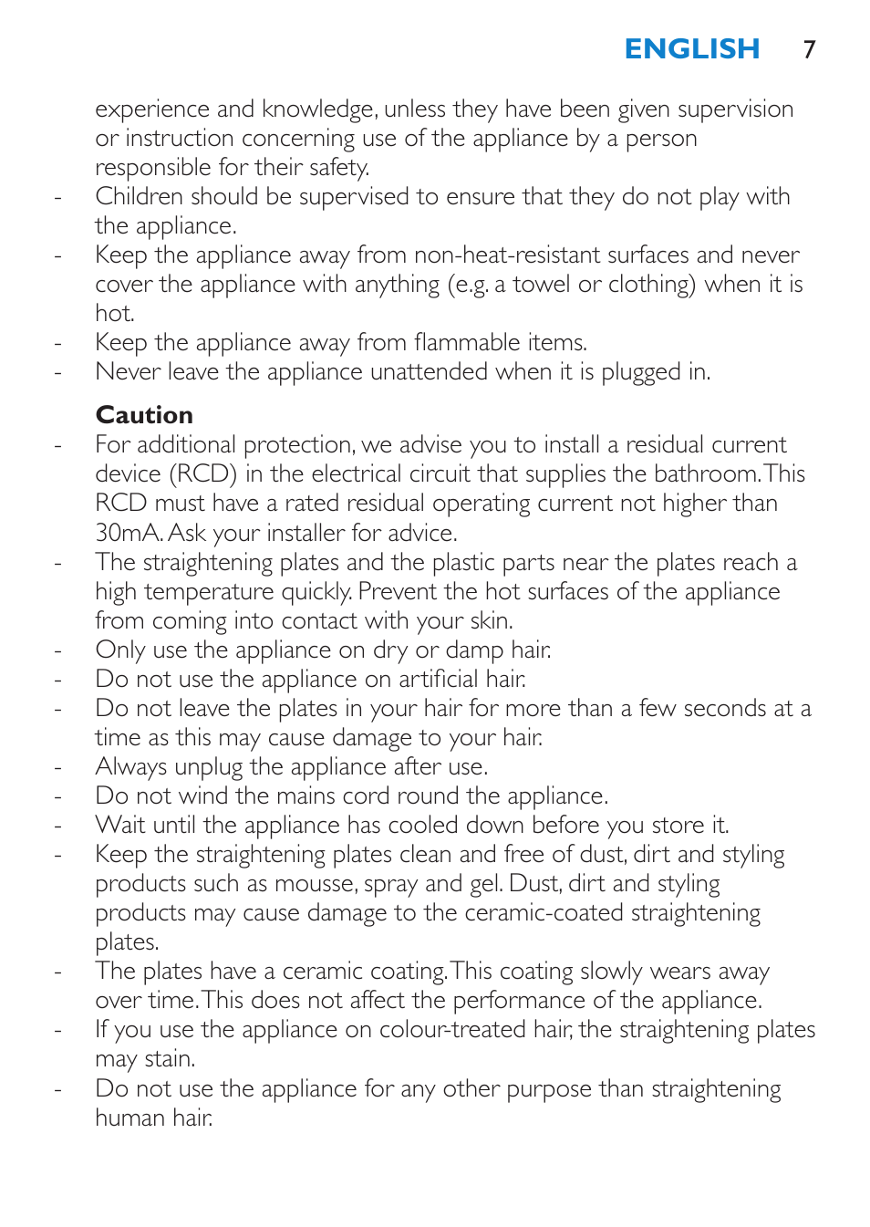Caution | Philips SalonStraight Initial Plancha para el pelo User Manual | Page 7 / 80