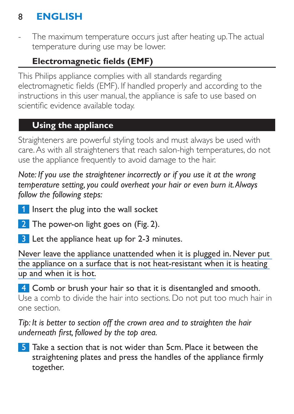 Electromagnetic fields (emf), Using the appliance | Philips SalonStraight Initial Plancha para el pelo User Manual | Page 8 / 80