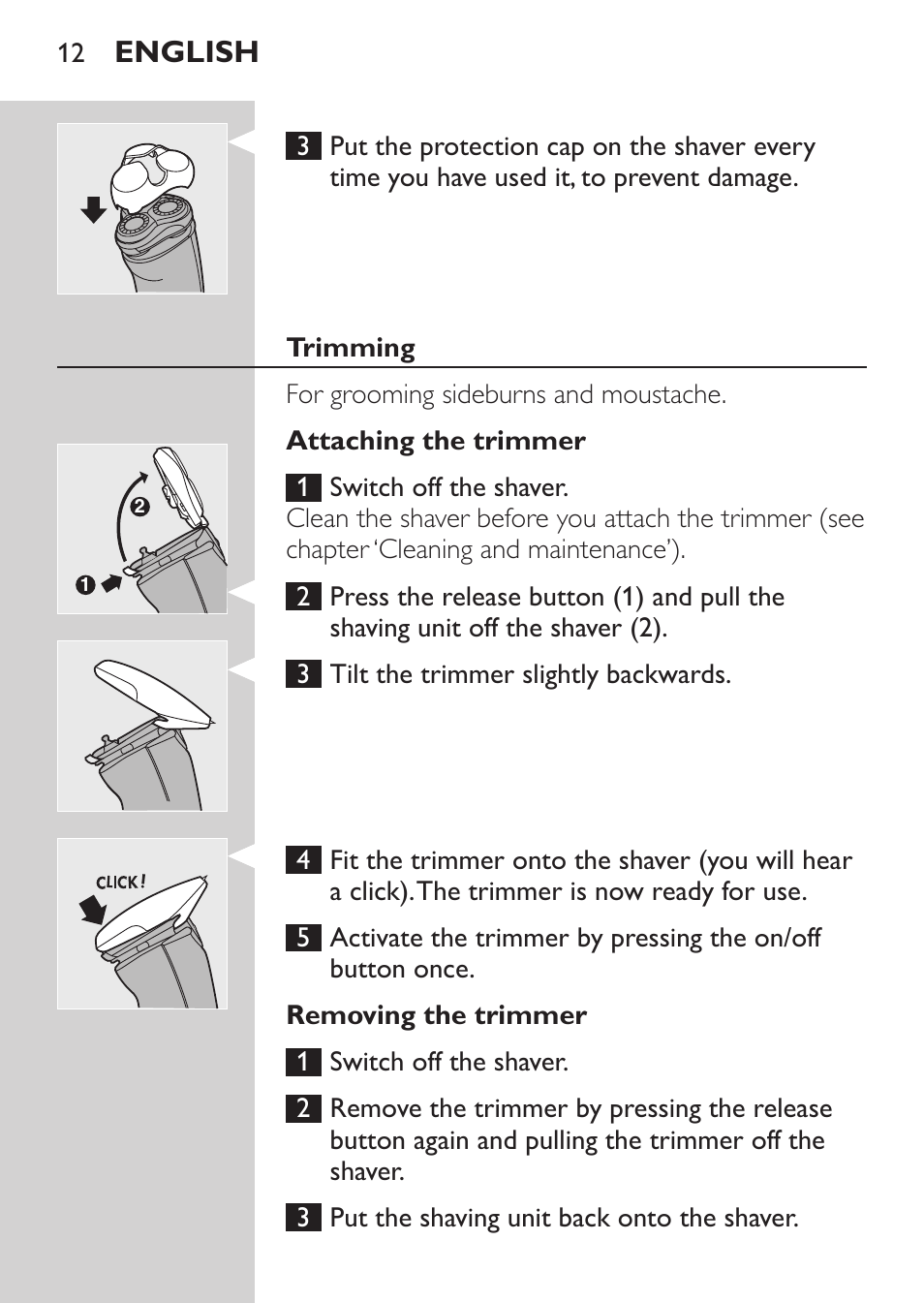 Trimming, Attaching the trimmer, Removing the trimmer | English | Philips Afeitadora NIVEA FOR MEN User Manual | Page 10 / 148