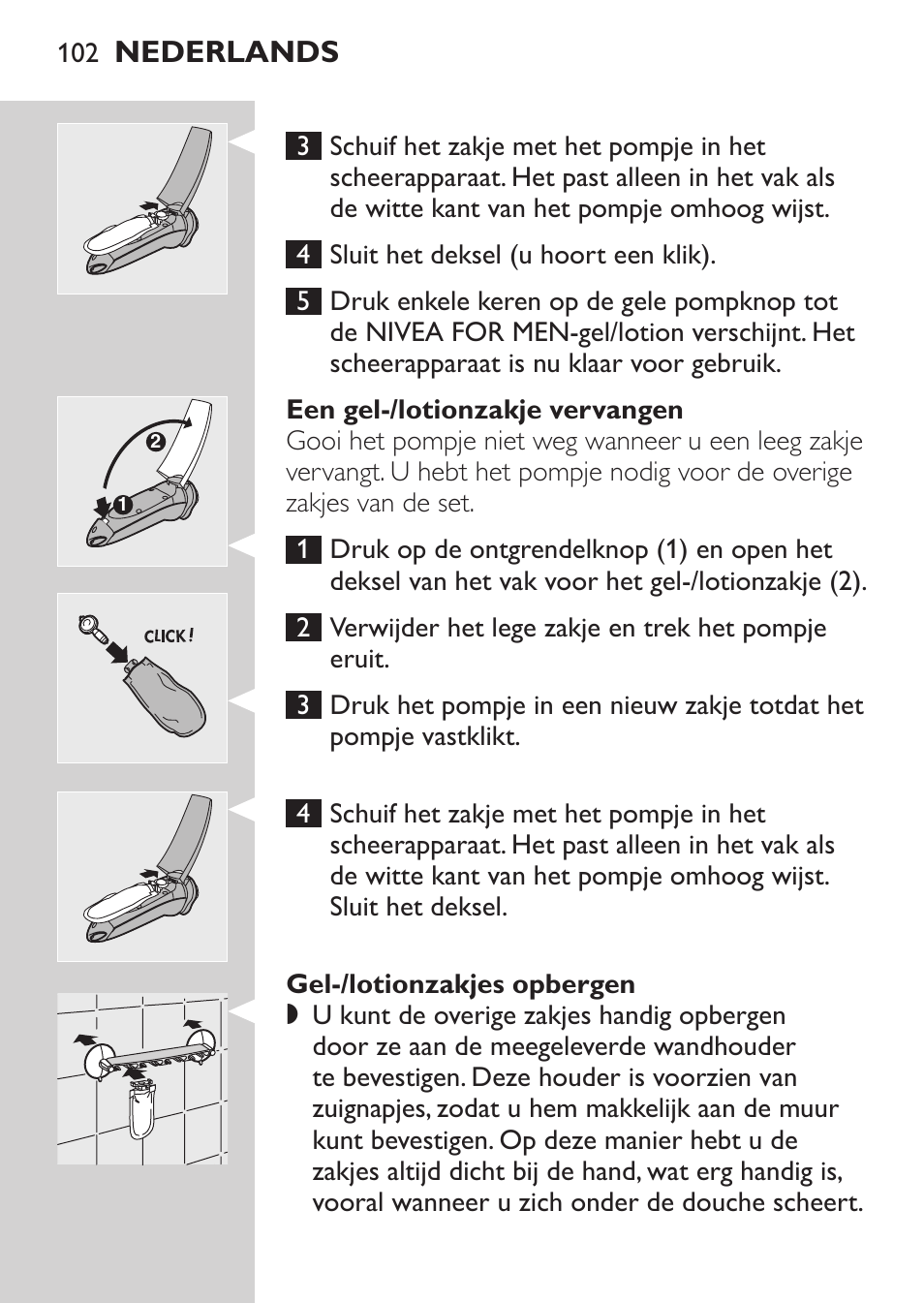 Een gel-/lotionzakje vervangen, Gel-/lotionzakjes opbergen | Philips Afeitadora NIVEA FOR MEN User Manual | Page 100 / 148