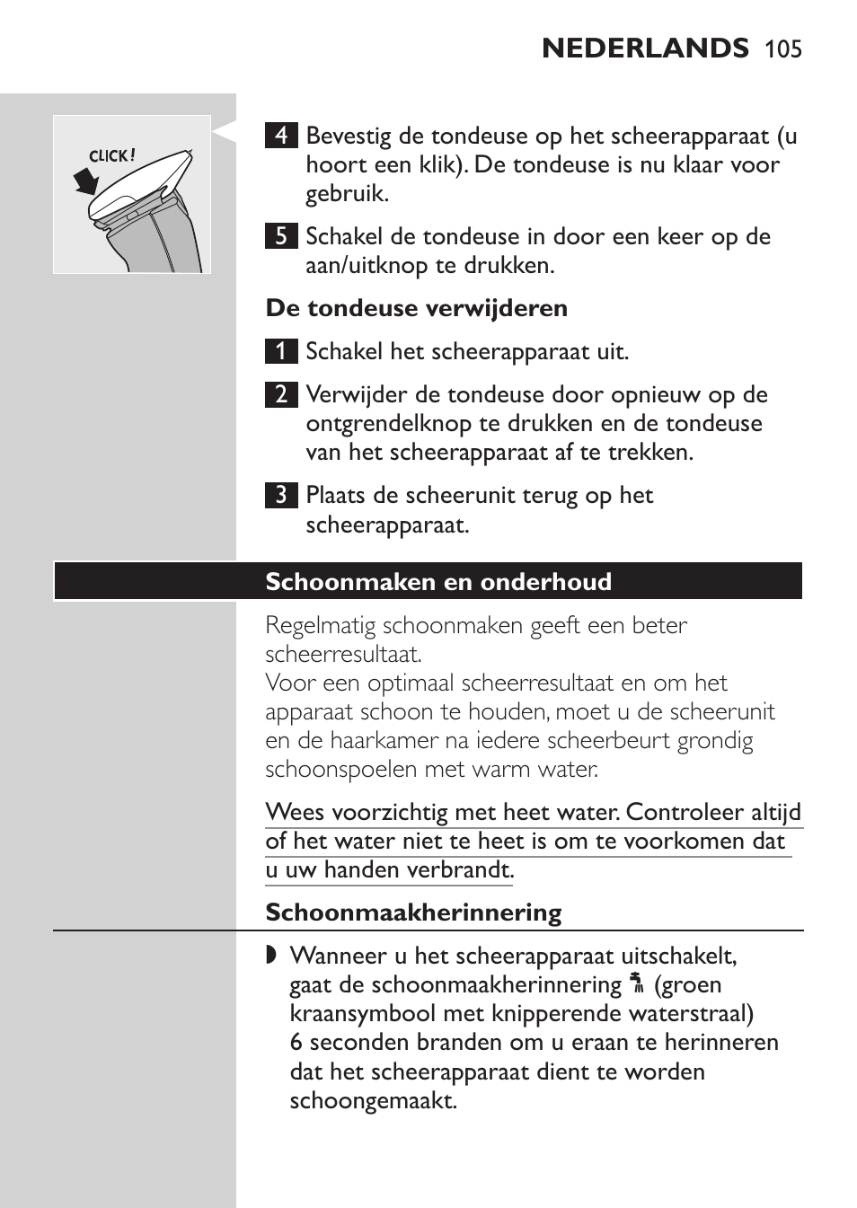 De tondeuse verwijderen, Schoonmaken en onderhoud, Schoonmaakherinnering | Philips Afeitadora NIVEA FOR MEN User Manual | Page 103 / 148