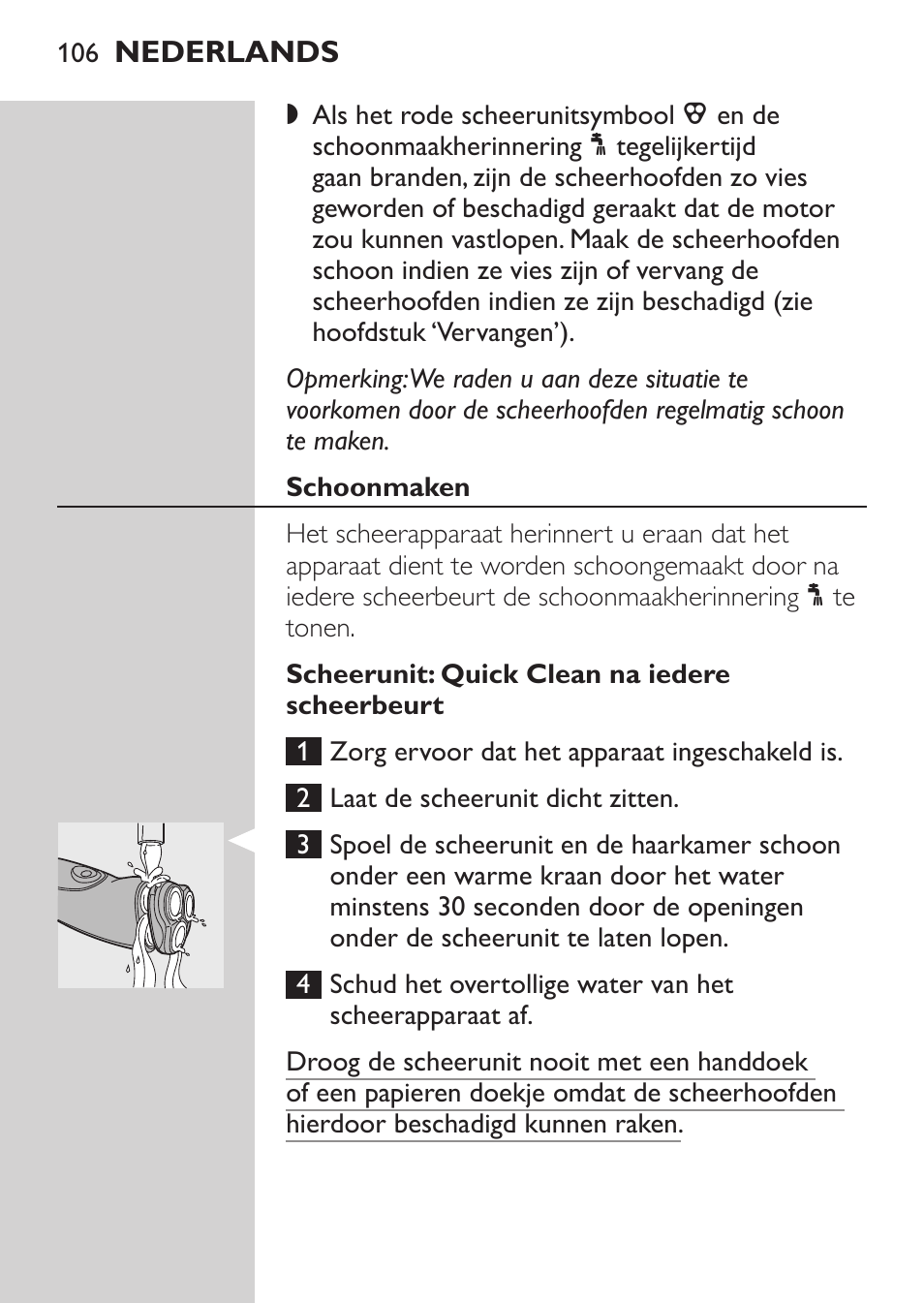 Schoonmaken, Scheerunit: quick clean na iedere scheerbeurt | Philips Afeitadora NIVEA FOR MEN User Manual | Page 104 / 148