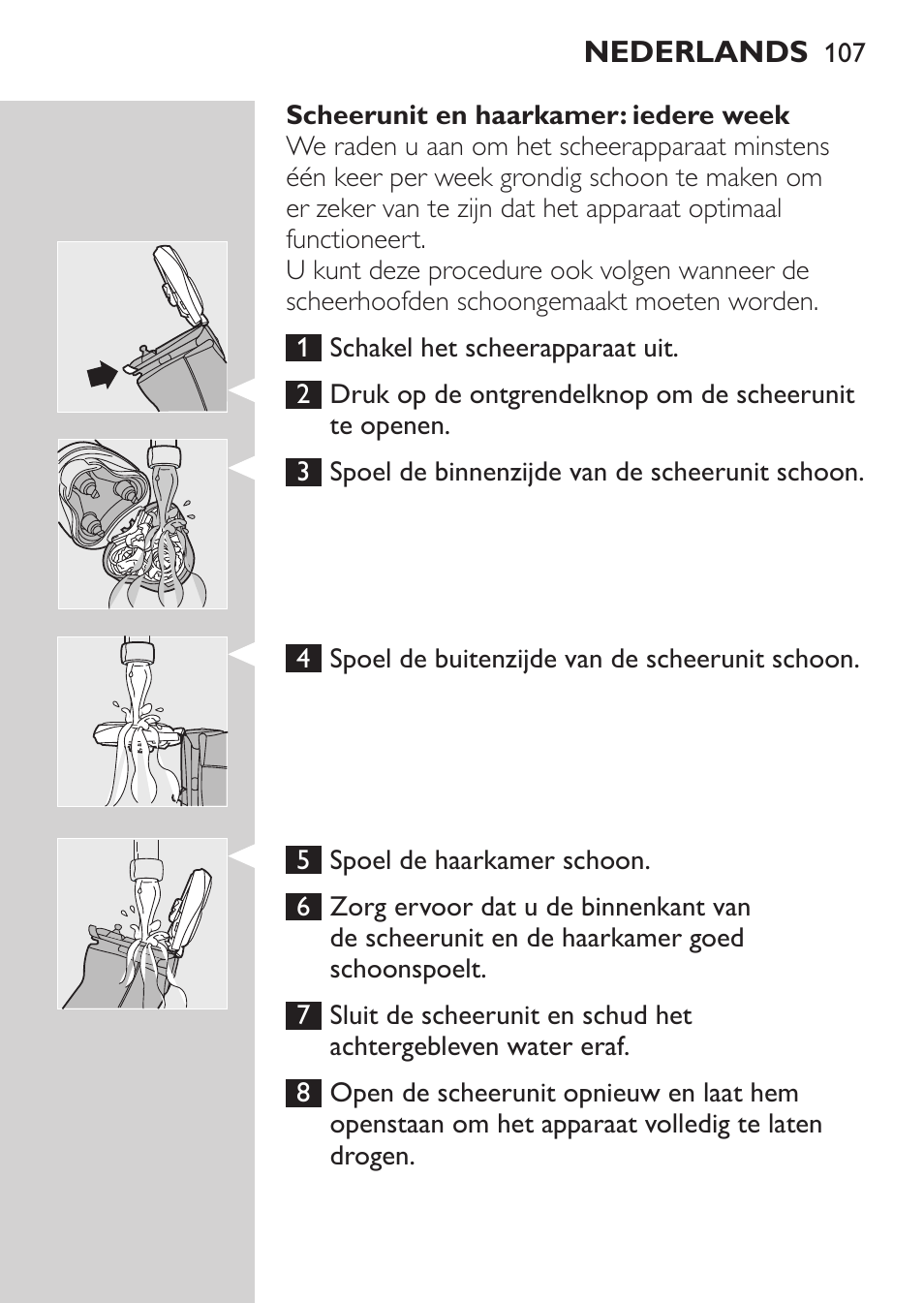 Scheerunit en haarkamer: iedere week, Nederlands | Philips Afeitadora NIVEA FOR MEN User Manual | Page 105 / 148