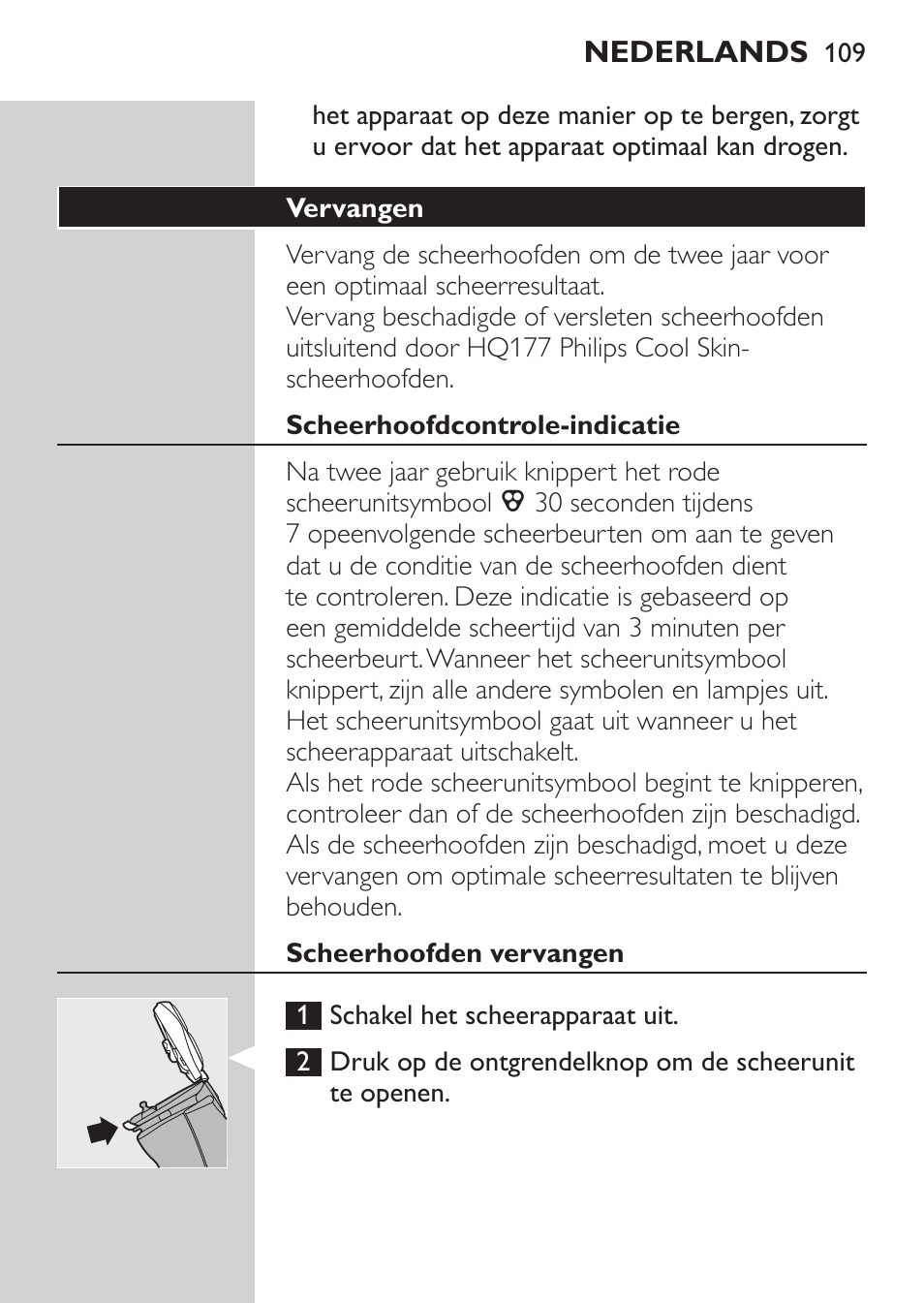 Vervangen, Scheerhoofdcontrole-indicatie, Scheerhoofden vervangen | Philips Afeitadora NIVEA FOR MEN User Manual | Page 107 / 148