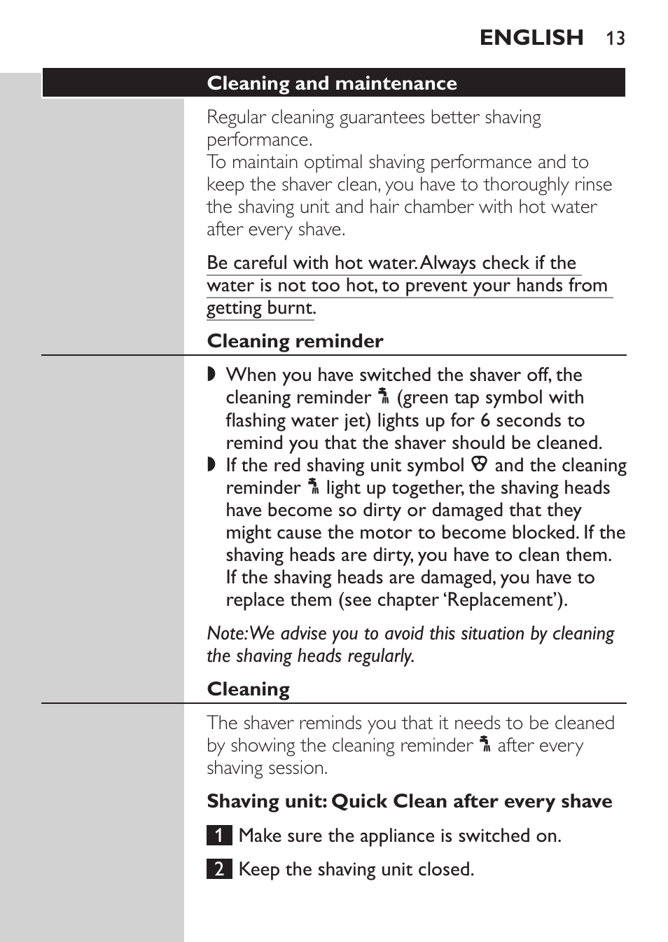 Cleaning and maintenance, Cleaning reminder, Cleaning | Shaving unit: quick clean after every shave | Philips Afeitadora NIVEA FOR MEN User Manual | Page 11 / 148