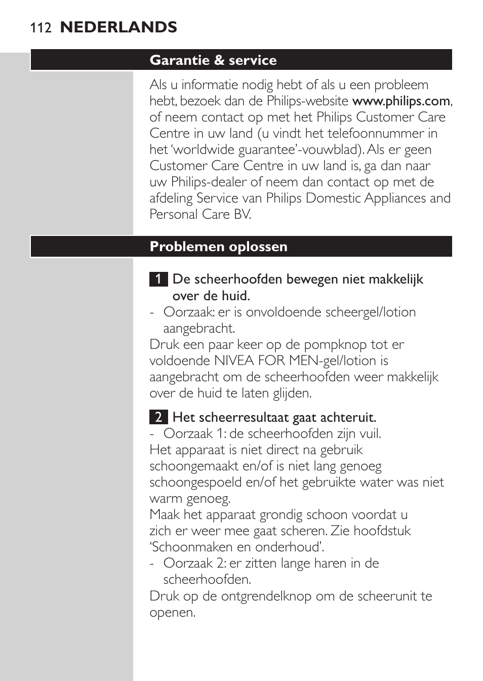 Garantie & service, Problemen oplossen | Philips Afeitadora NIVEA FOR MEN User Manual | Page 110 / 148