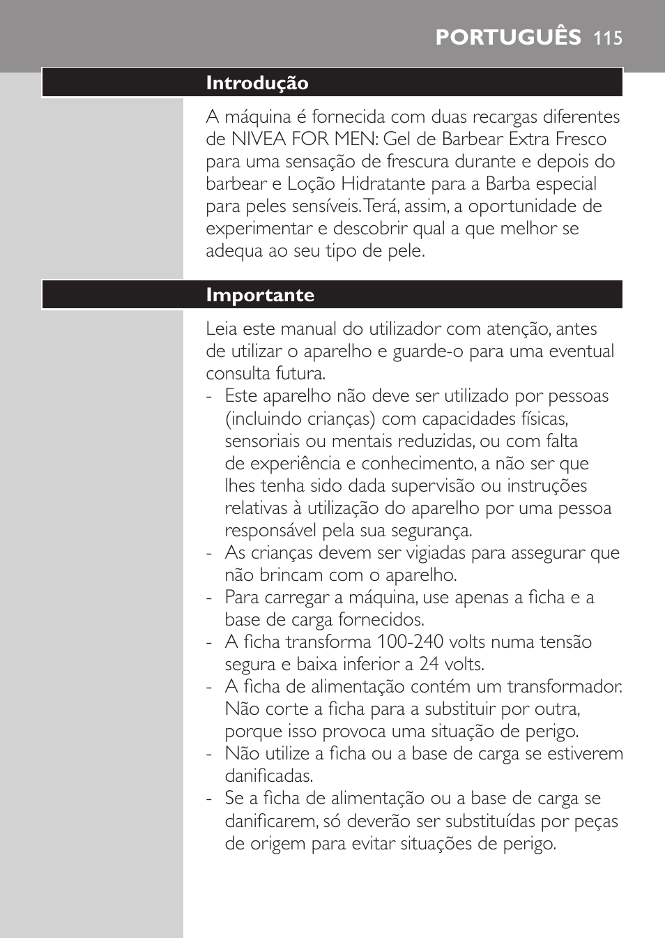 Português, Introdução, Importante | Philips Afeitadora NIVEA FOR MEN User Manual | Page 113 / 148