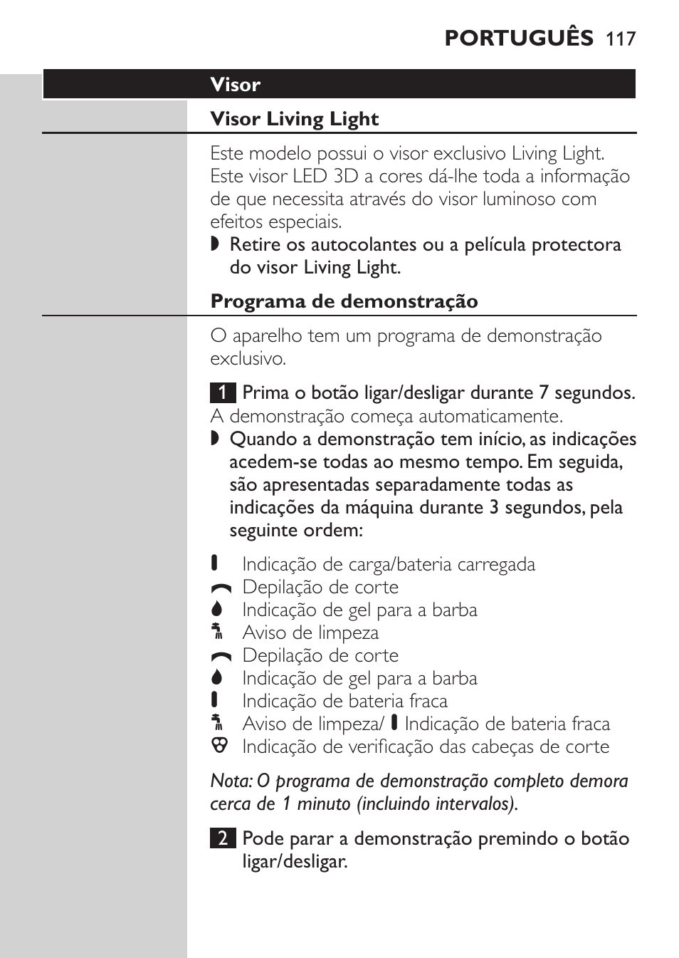 Visor, Visor living light, Programa de demonstração | Philips Afeitadora NIVEA FOR MEN User Manual | Page 115 / 148