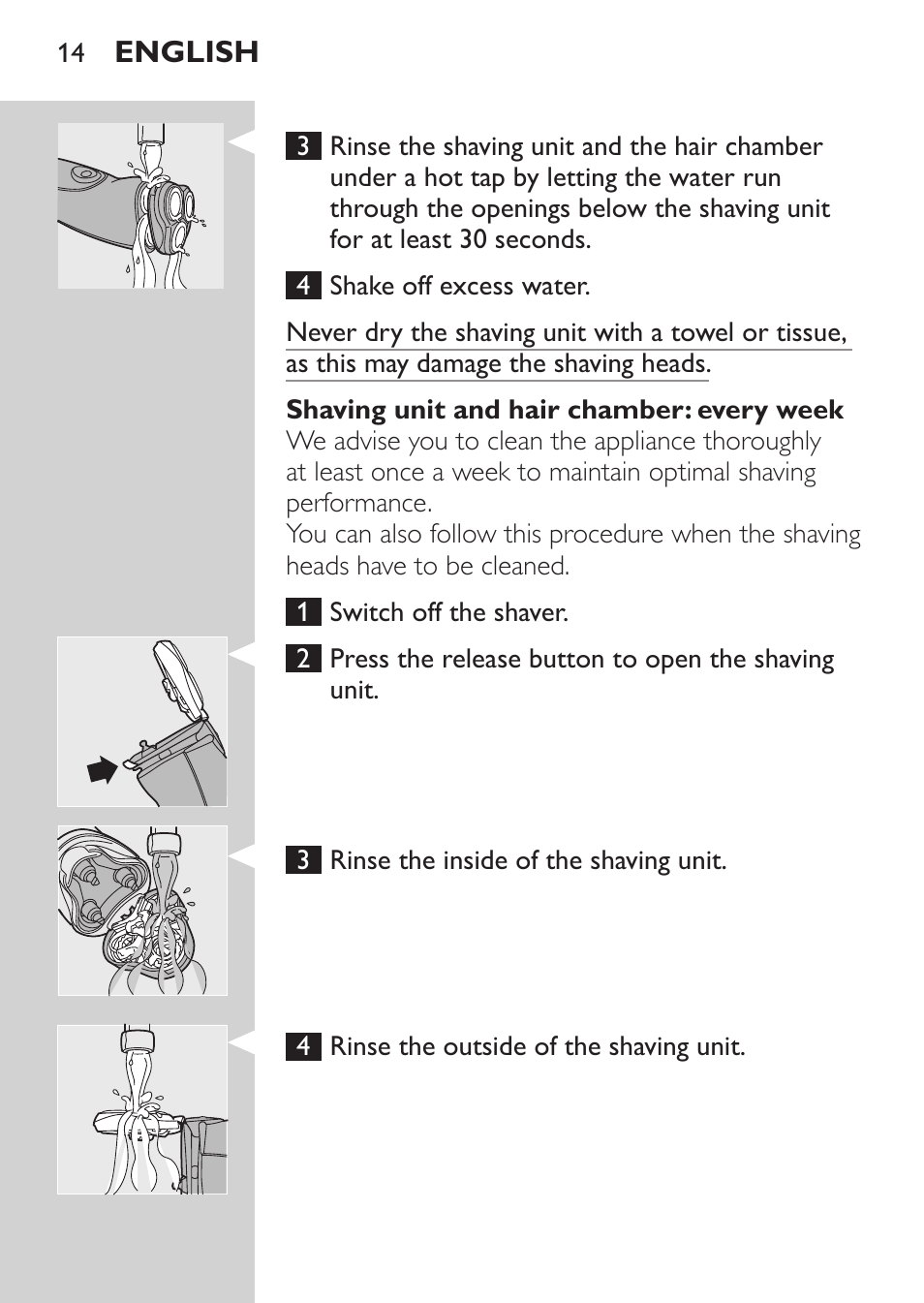 Shaving unit and hair chamber: every week, English | Philips Afeitadora NIVEA FOR MEN User Manual | Page 12 / 148