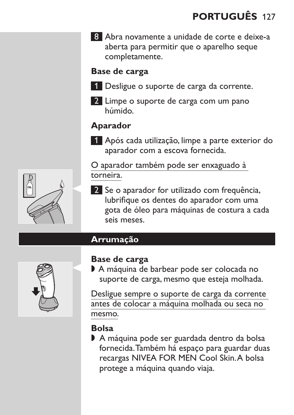 Base de carga, Aparador, Bolsa | Arrumação | Philips Afeitadora NIVEA FOR MEN User Manual | Page 125 / 148