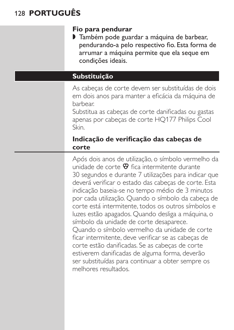 Fio para pendurar, Substituição, Indicação de verificação das cabeças de corte | Substituição das cabeças de corte | Philips Afeitadora NIVEA FOR MEN User Manual | Page 126 / 148