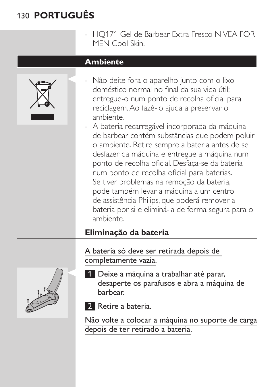 Ambiente, Eliminação da bateria, Garantia e assistência | Philips Afeitadora NIVEA FOR MEN User Manual | Page 128 / 148