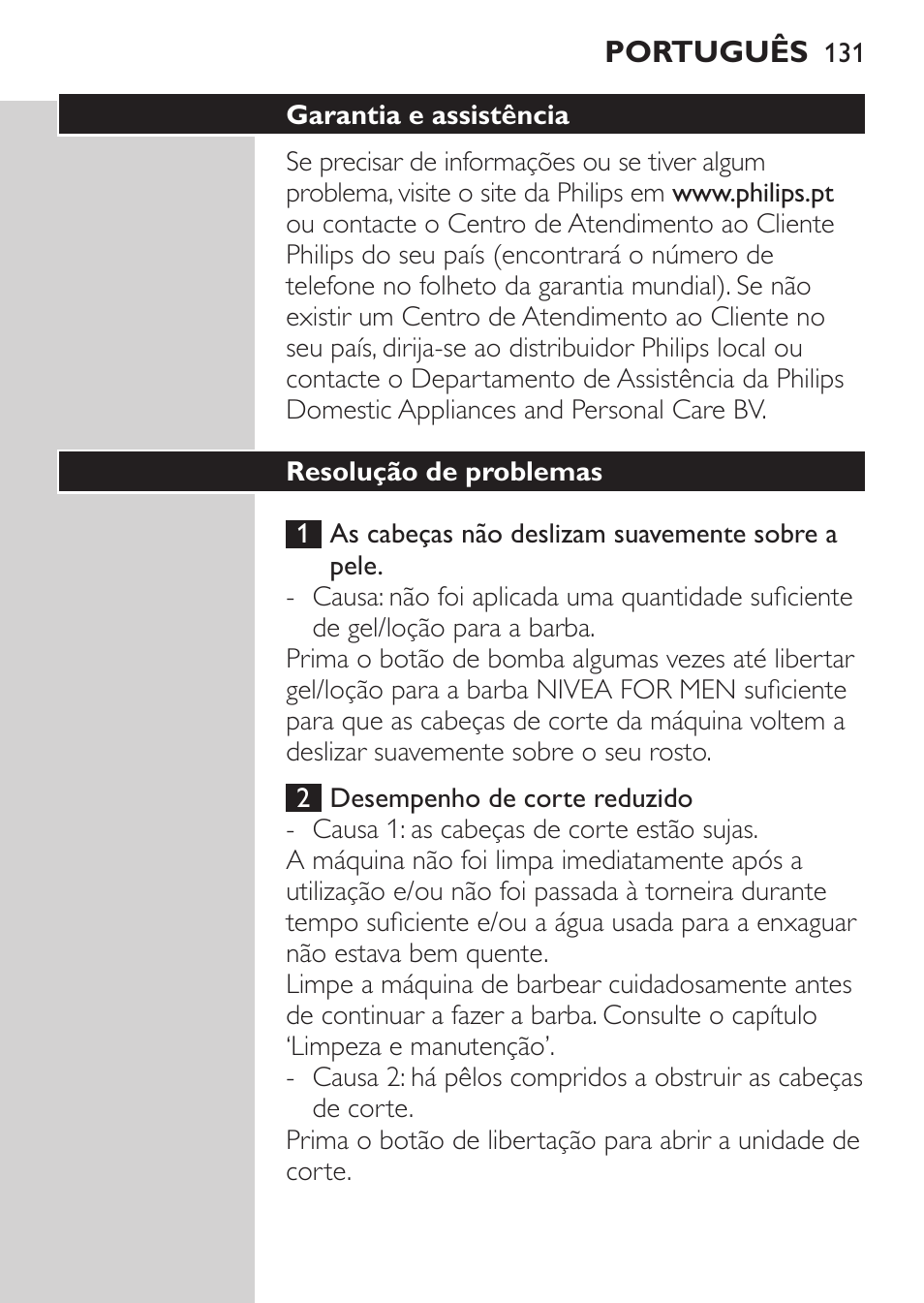 Resolução de problemas | Philips Afeitadora NIVEA FOR MEN User Manual | Page 129 / 148