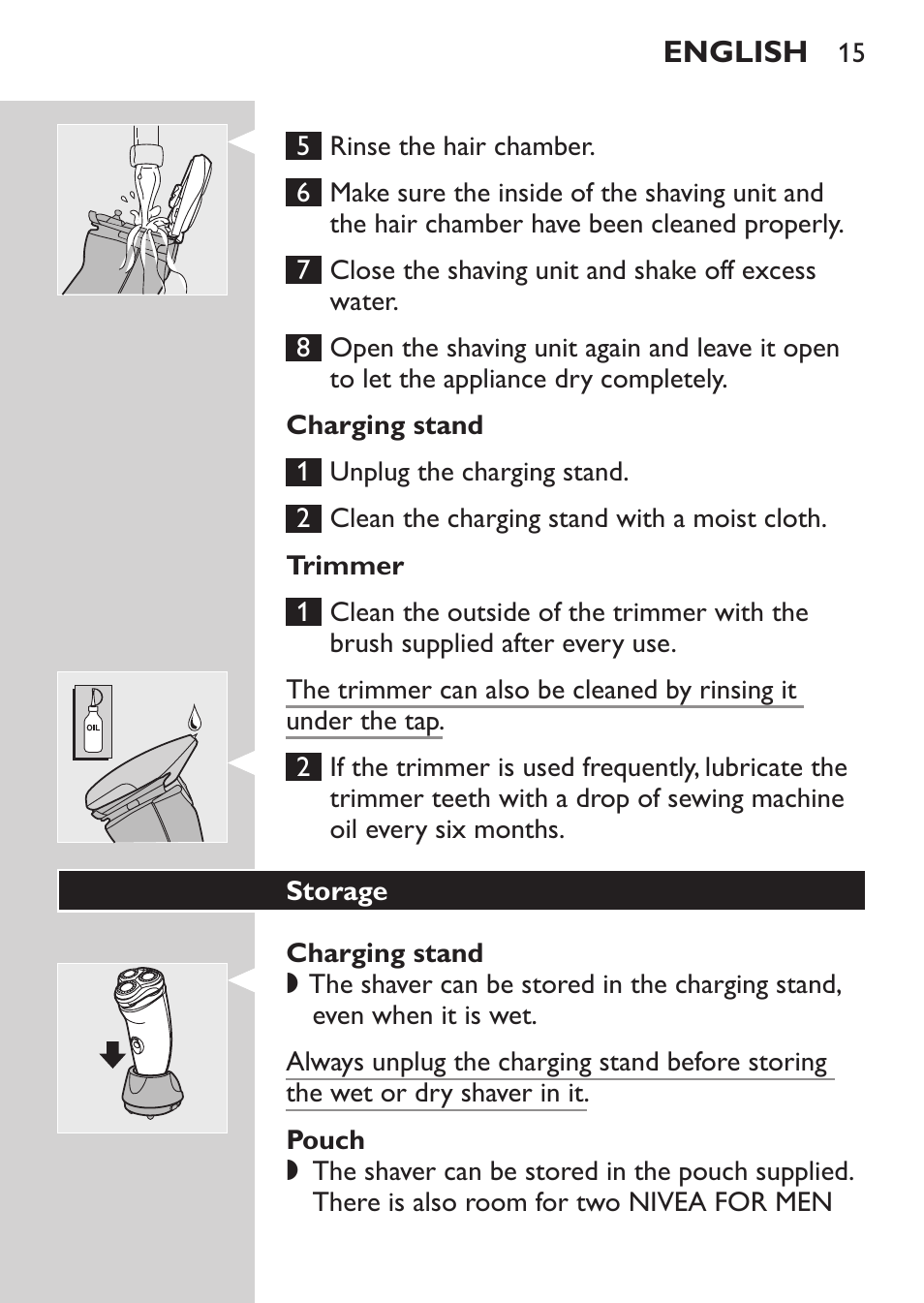 Charging stand, Trimmer, Pouch | Storage | Philips Afeitadora NIVEA FOR MEN User Manual | Page 13 / 148