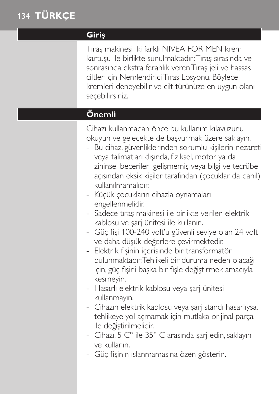 Türkçe, Giriş, Önemli | Philips Afeitadora NIVEA FOR MEN User Manual | Page 132 / 148
