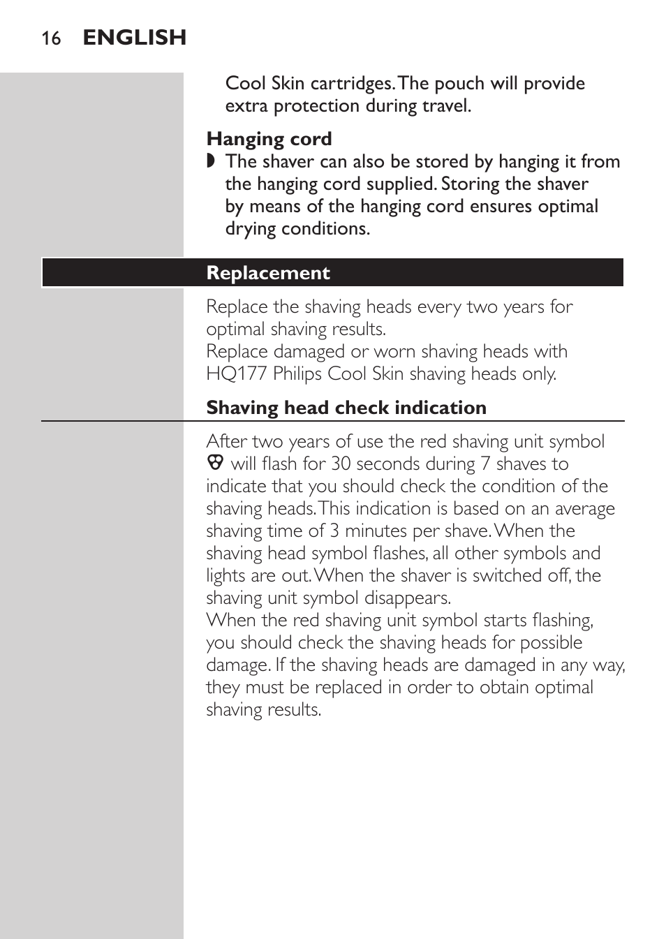 Hanging cord, Replacement, Shaving head check indication | Replacing the shaving heads | Philips Afeitadora NIVEA FOR MEN User Manual | Page 14 / 148