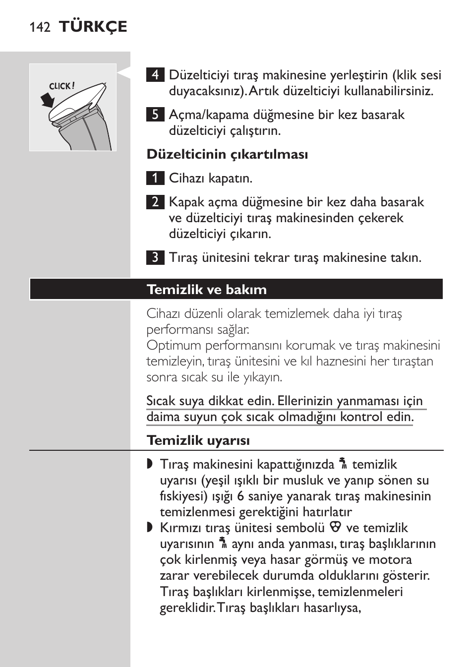 Düzelticinin çıkartılması, Temizlik ve bakım, Temizlik uyarısı | Philips Afeitadora NIVEA FOR MEN User Manual | Page 140 / 148