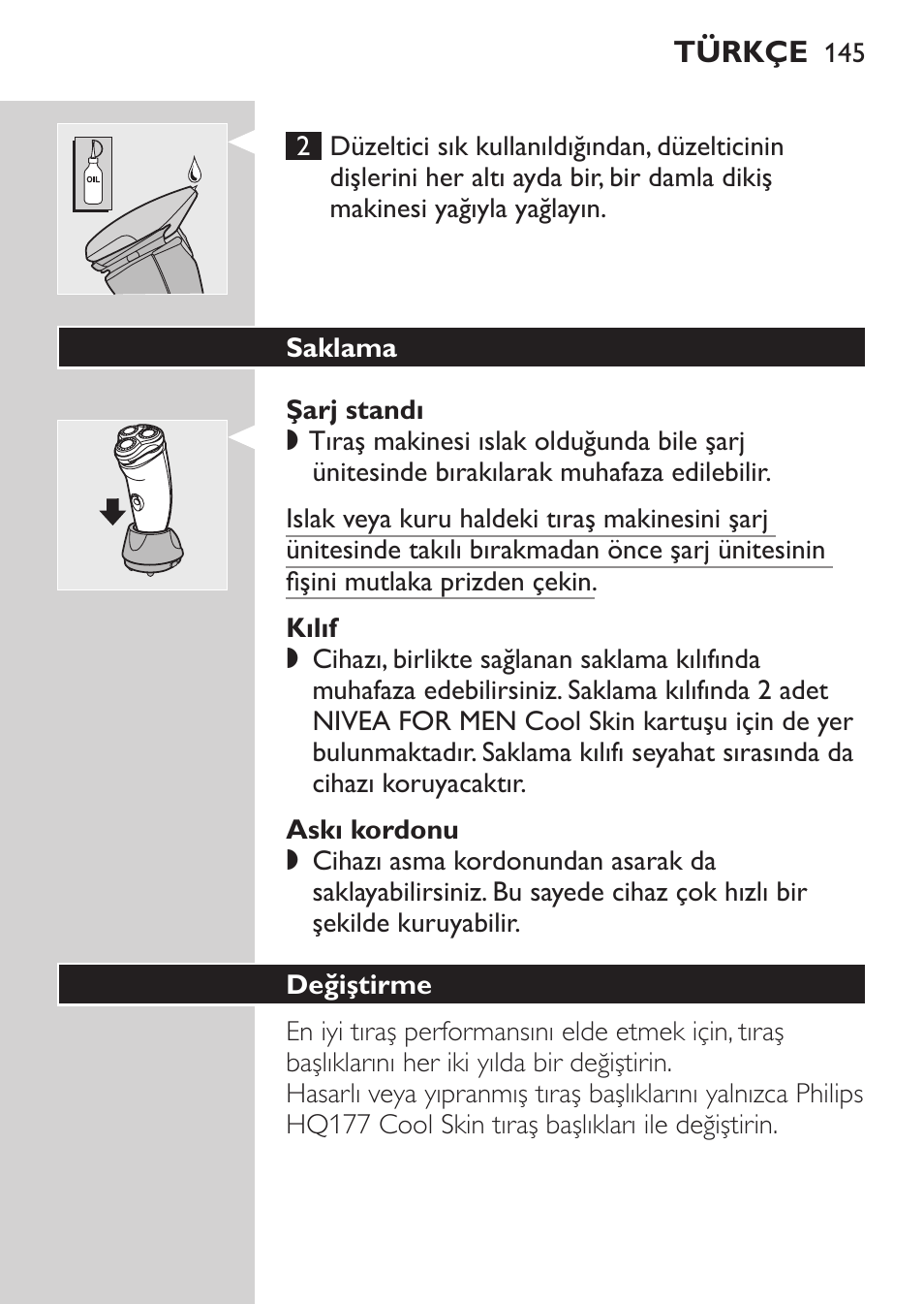 Şarj standı, Kılıf, Askı kordonu | Saklama, Değiştirme | Philips Afeitadora NIVEA FOR MEN User Manual | Page 143 / 148