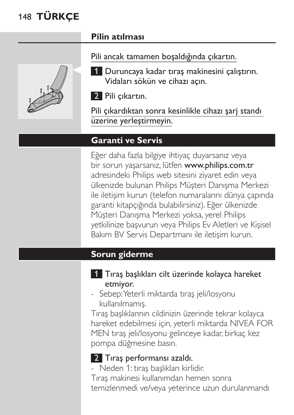 Garanti ve servis, Sorun giderme | Philips Afeitadora NIVEA FOR MEN User Manual | Page 146 / 148