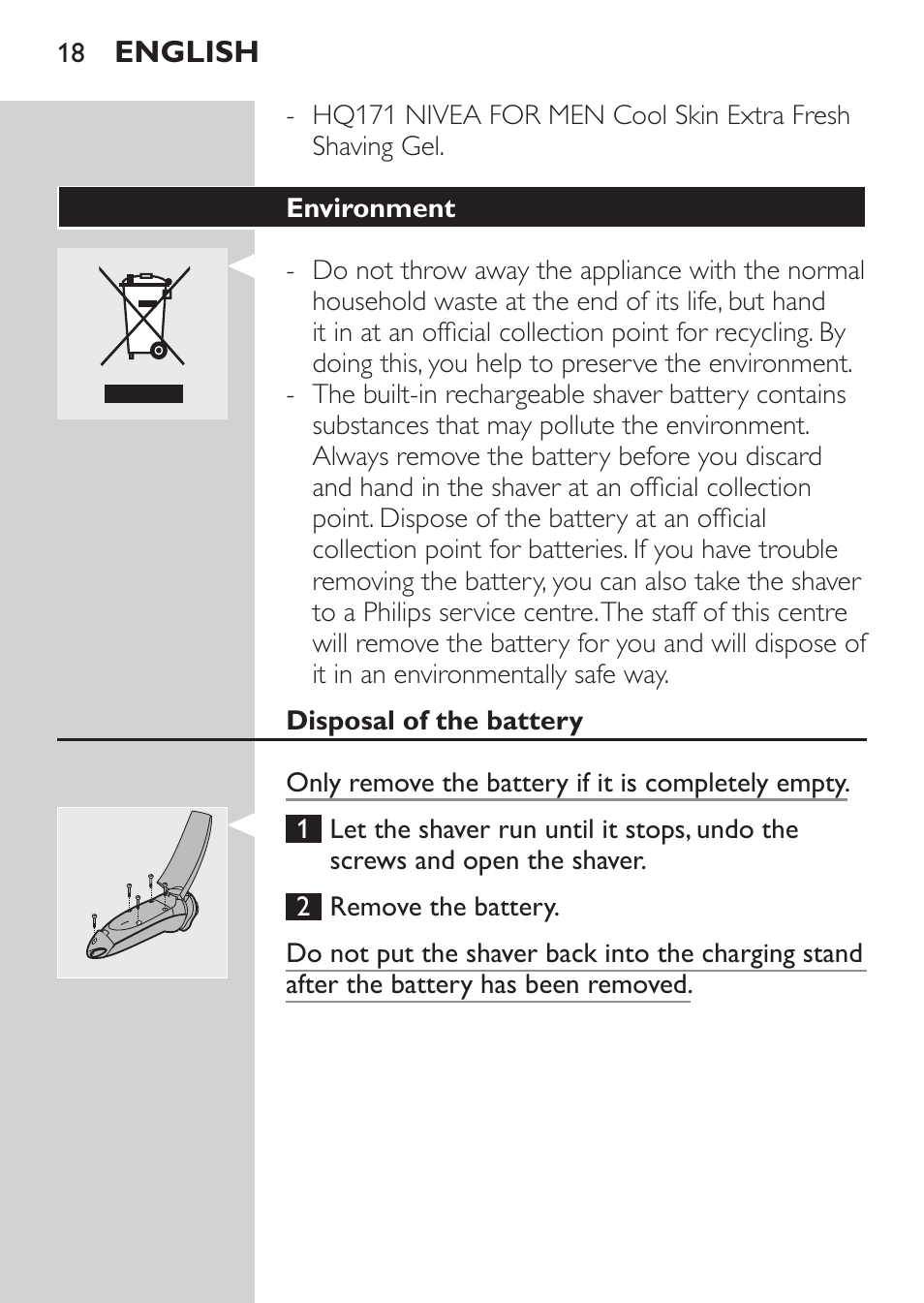 Environment, Disposal of the battery, Guarantee & service | Philips Afeitadora NIVEA FOR MEN User Manual | Page 16 / 148