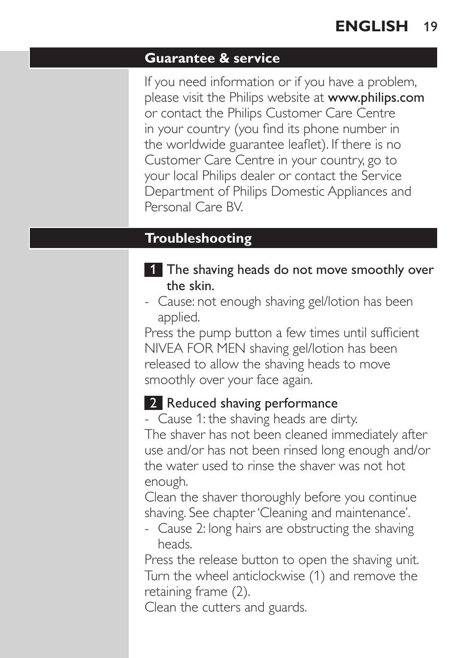 Troubleshooting | Philips Afeitadora NIVEA FOR MEN User Manual | Page 17 / 148