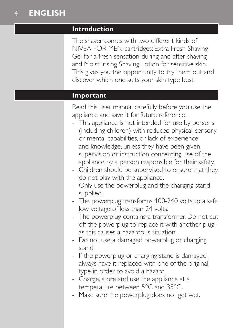 English, Introduction, Important | Philips Afeitadora NIVEA FOR MEN User Manual | Page 2 / 148