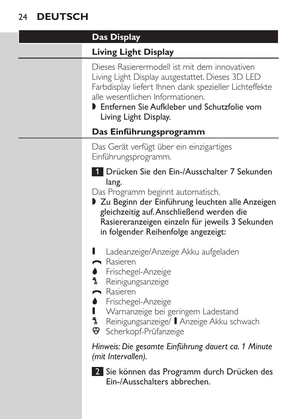 Das display, Living light display, Das einführungsprogramm | Philips Afeitadora NIVEA FOR MEN User Manual | Page 22 / 148