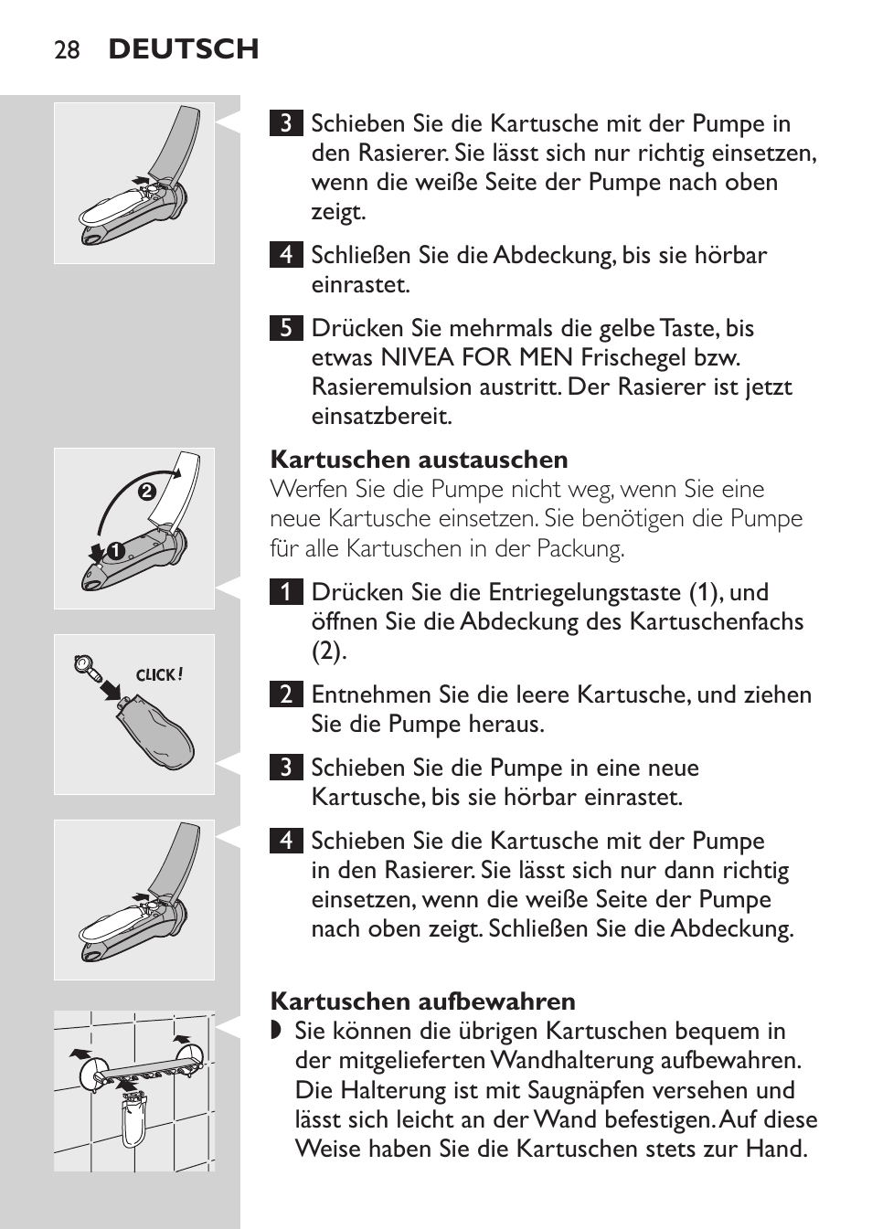 Kartuschen austauschen, Deutsch | Philips Afeitadora NIVEA FOR MEN User Manual | Page 26 / 148