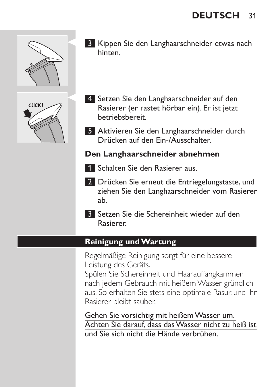 Schneiden, Den langhaarschneider aufsetzen, Den langhaarschneider abnehmen | Philips Afeitadora NIVEA FOR MEN User Manual | Page 29 / 148