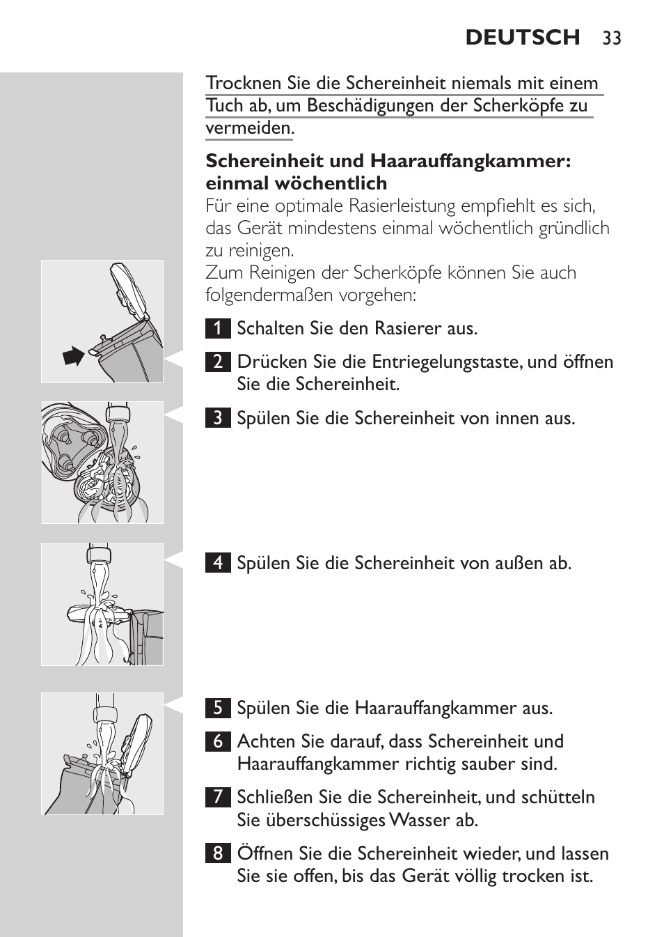 Reinigung, Schereinheit: schnellreinigung nach jeder rasur, Deutsch | Philips Afeitadora NIVEA FOR MEN User Manual | Page 31 / 148