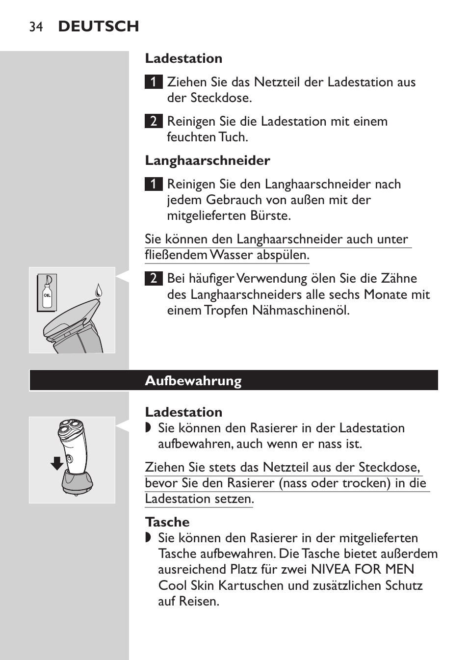 Ladestation, Langhaarschneider | Philips Afeitadora NIVEA FOR MEN User Manual | Page 32 / 148