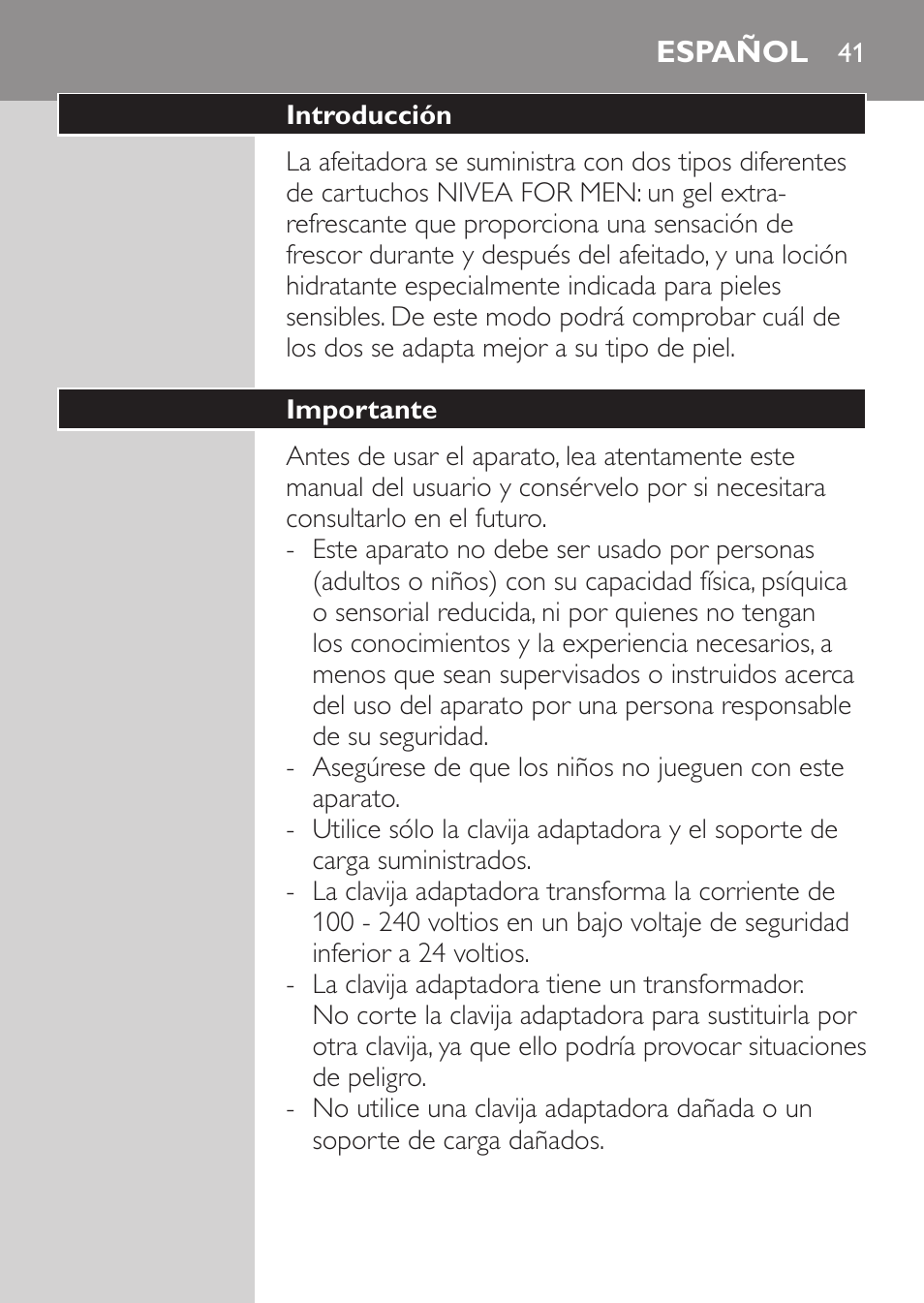 Español, Introducción, Importante | Philips Afeitadora NIVEA FOR MEN User Manual | Page 39 / 148