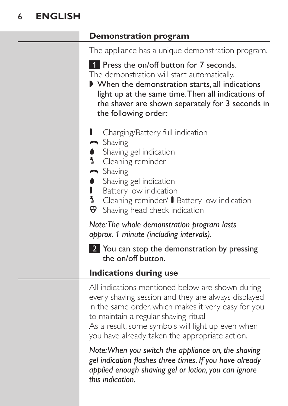 Demonstration program, Indications during use | Philips Afeitadora NIVEA FOR MEN User Manual | Page 4 / 148