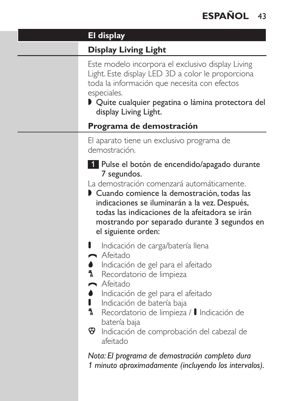 El display, Display living light, Programa de demostración | Philips Afeitadora NIVEA FOR MEN User Manual | Page 41 / 148