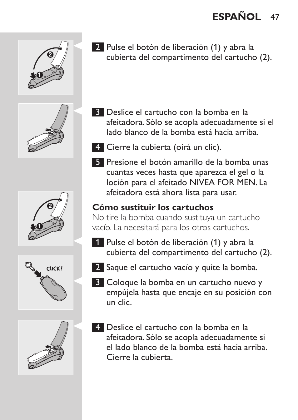 Cómo sustituir los cartuchos, Español | Philips Afeitadora NIVEA FOR MEN User Manual | Page 45 / 148