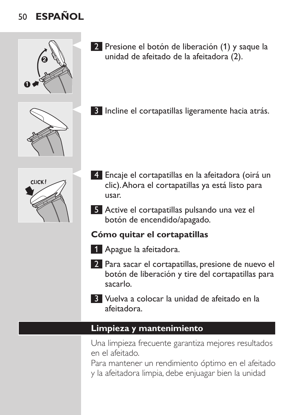 Cómo quitar el cortapatillas, Limpieza y mantenimiento, Español | Philips Afeitadora NIVEA FOR MEN User Manual | Page 48 / 148